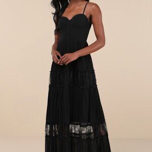 Lulus Stunning Rsvp Black Pleated Lace Sleeveless Bustier Maxi Dress - Size S
